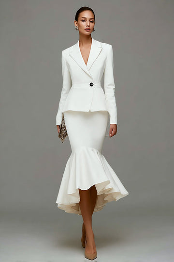 Ivory Mermaid Ruffled Peak Lapel Midi Work Dress